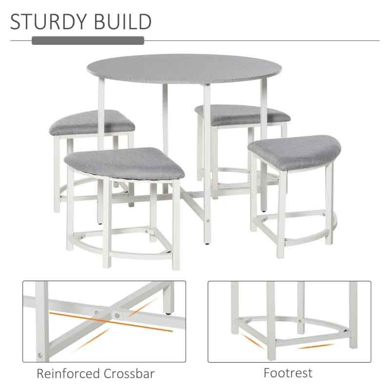 Round table with four stools on a white background, highlighting sturdiness features.