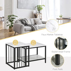 Set of nesting tables with marble top and metal frame in a living room setting.
