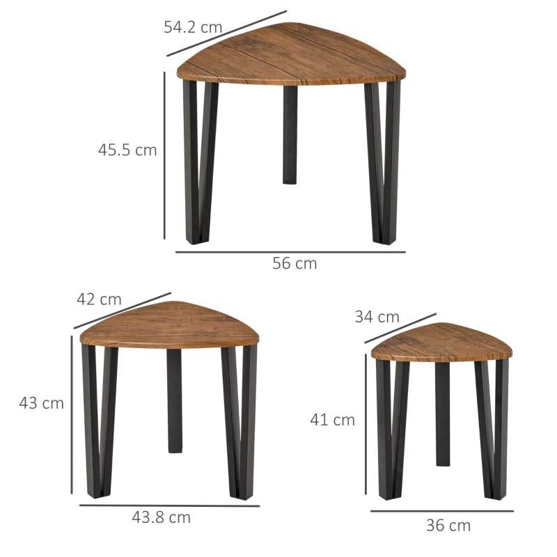 Set of three corner tables with dimensions labeled on a white background