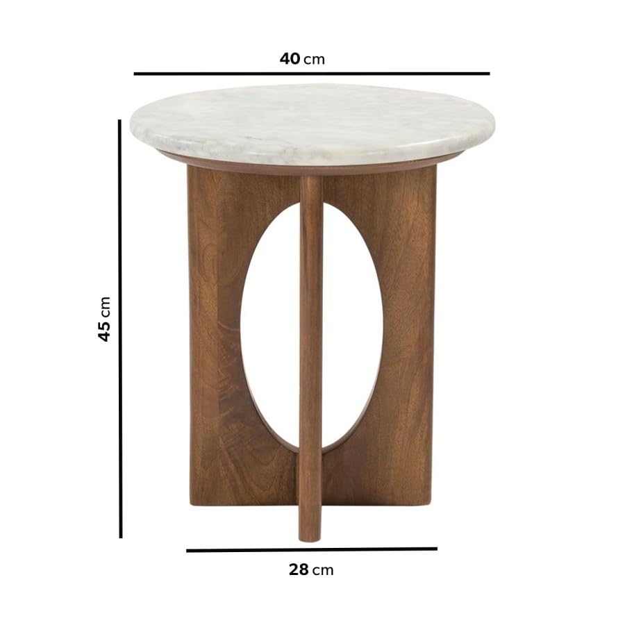 Small round table with marble top and wooden base, shown with dimensions on a white background.