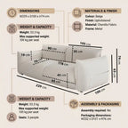 Sofa with dimensions, materials, and assembly information displayed.