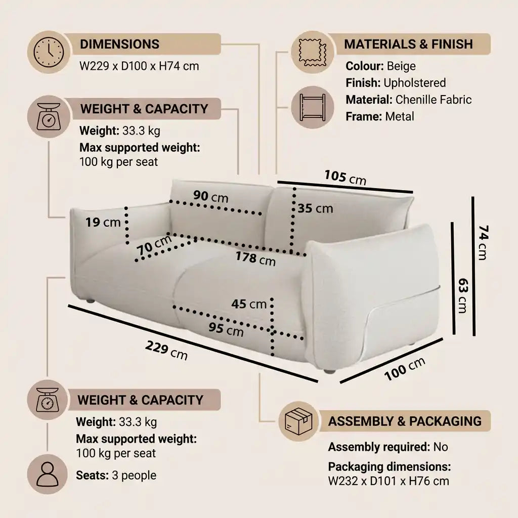 Sofa with dimensions, materials, and assembly information displayed.