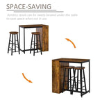 Space-saving arrangement of a table and stools with text indicating armless stools can be stored under the table.