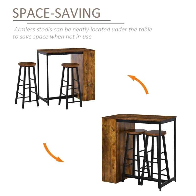 Space-saving arrangement of a table and stools with text indicating armless stools can be stored under the table.