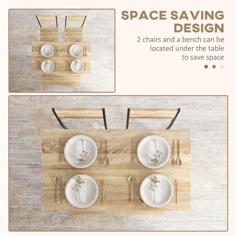 Space-saving design with a table, chairs, and a bench on a textured surface.