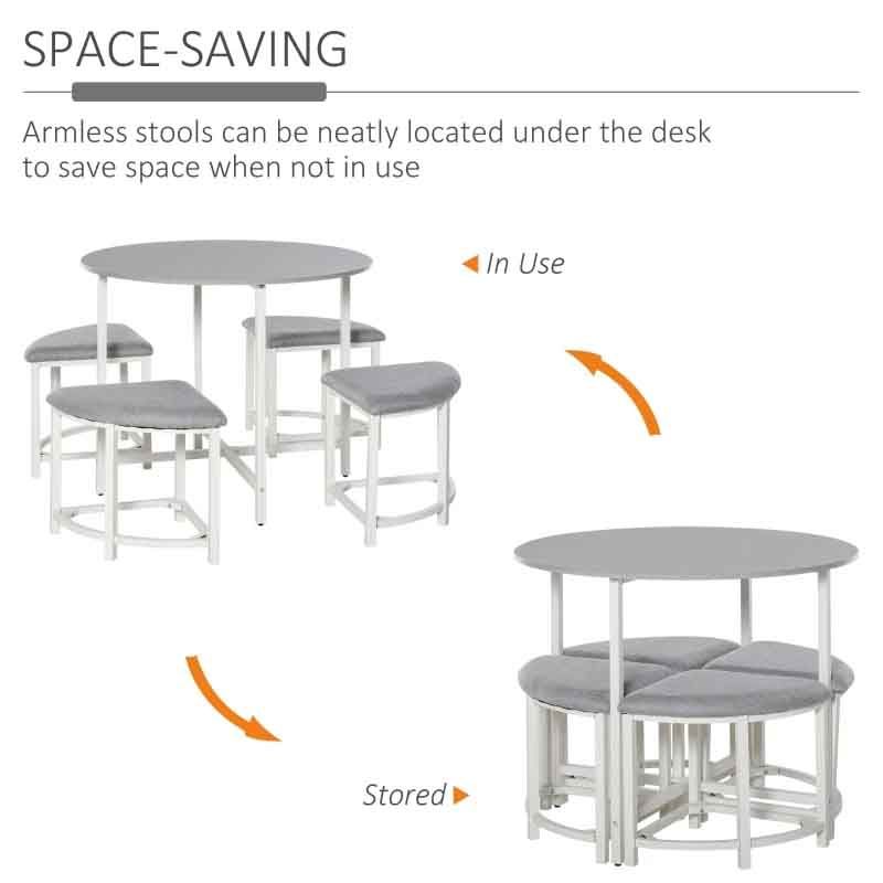 Space-saving table and stools with armless design, showing storage and usage.