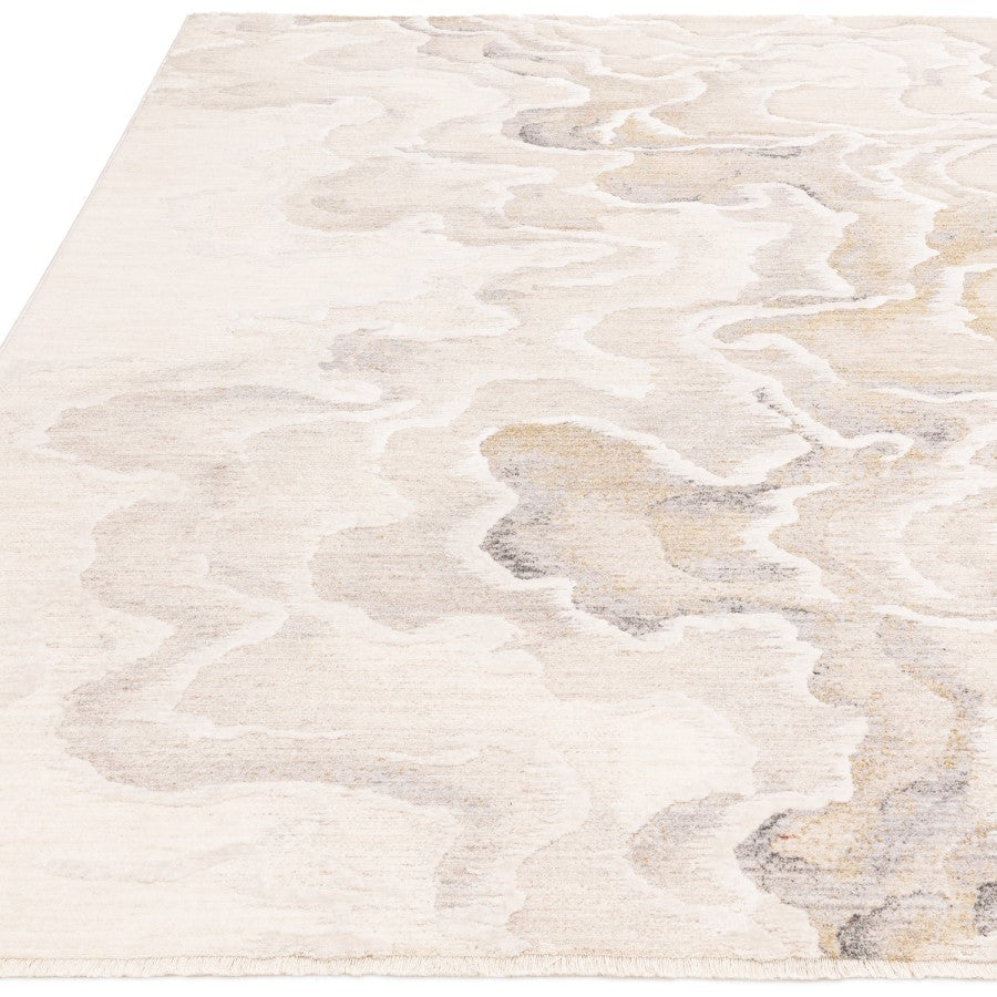 Textured area rug with wavy pattern on a white background