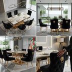 A four-panel collage showing a luxury dining room set in different interior settings. The set includes a rectangular marble-top dining table with a gold geometric base and six black tufted velvet chairs with gold lion-head ring pulls.
