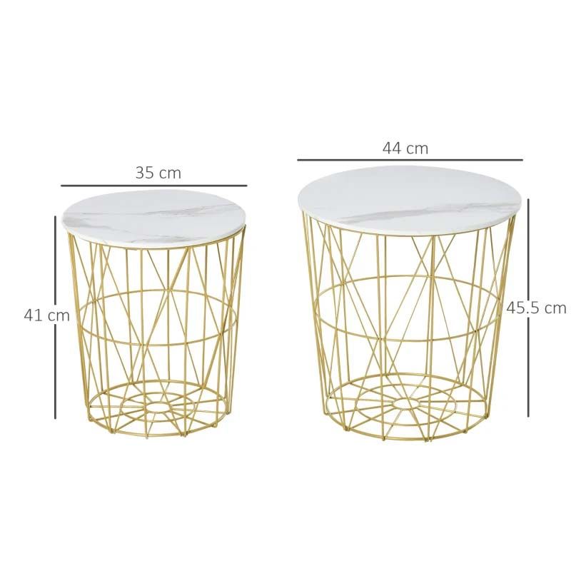 Two gold wire side tables with white marble tops, shown with dimensions on a white background.