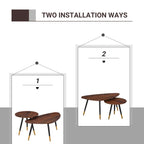 Two installation ways of a wooden coffee table with nested tables.