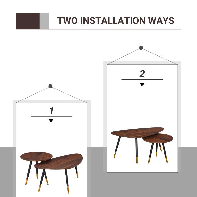 Two installation ways of a wooden coffee table with nested tables.