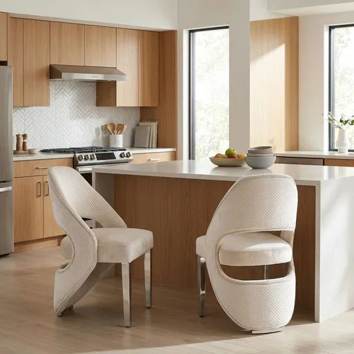Two modern curved dining chairs with textured cream upholstery and chrome legs, positioned at a kitchen island in a bright, contemporary kitchen with light wood cabinets and large windows.