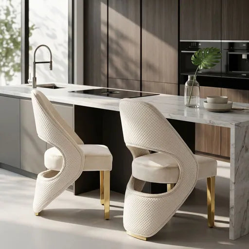Two modern dining chairs with cream textured upholstery and gold legs, positioned at a marble-topped kitchen island in a contemporary kitchen setting.