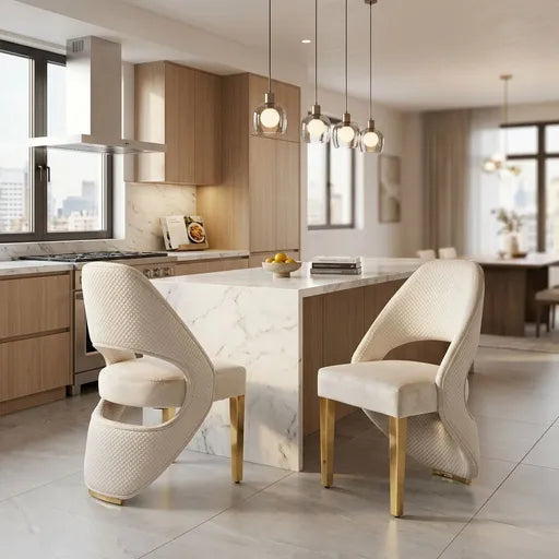 Two modern sculptural dining chairs with textured cream upholstery and gold legs, positioned at a marble-topped island in a contemporary kitchen setting.