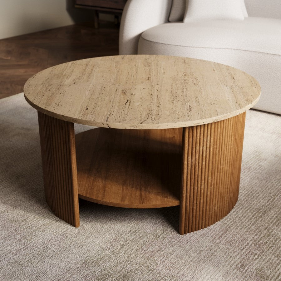 Large Round Mango Wood Coffee Table with Storage Modern Living Room Furniture UK