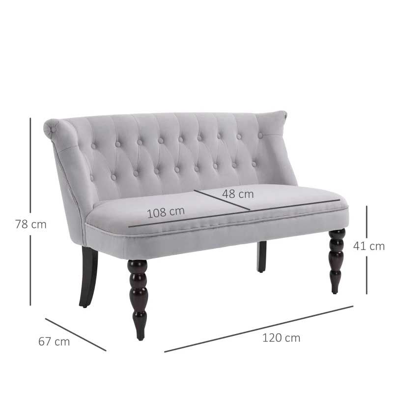 Gray tufted 2 seater sofa with dimensions on a white background
