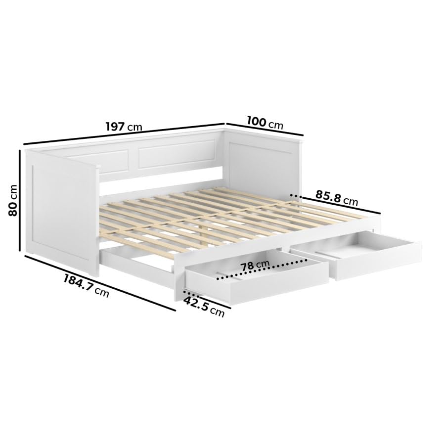 White bed frame with dimensions labeled on a white background