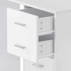 White computer desk with open drawers on a light gray background