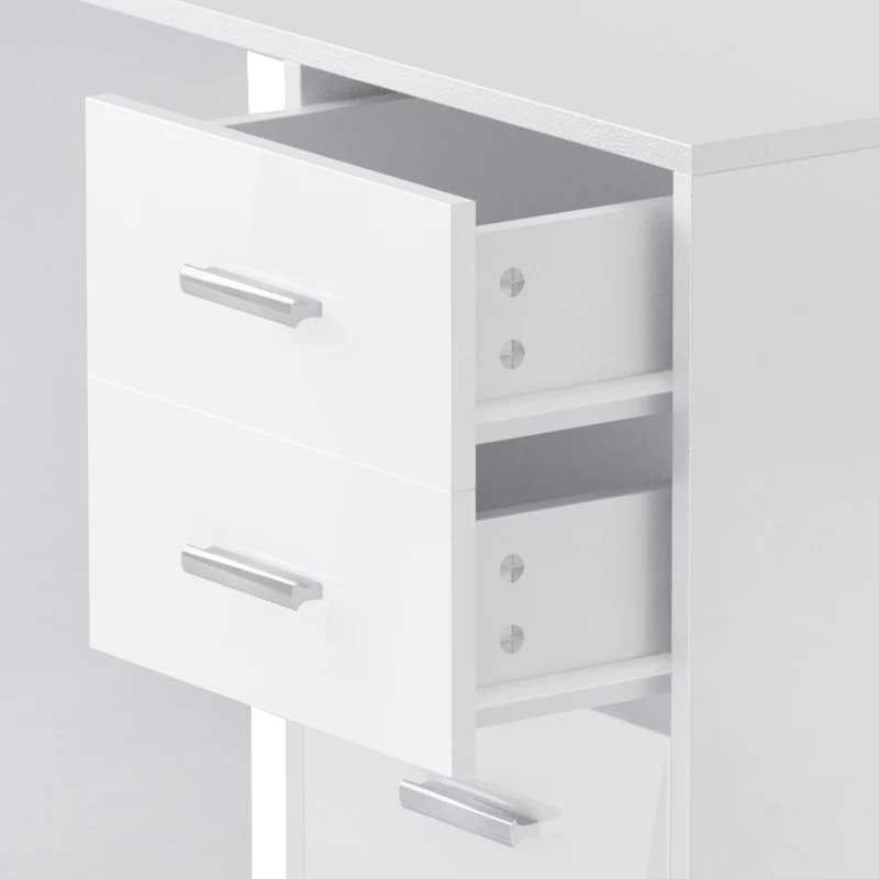 White computer desk with open drawers on a light gray background