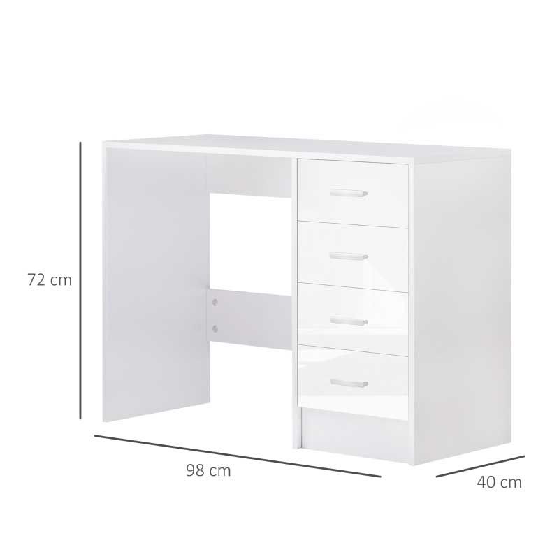 White desk with dimensions labeled on a white background