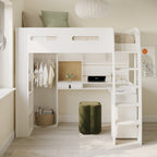 White loft bed with desk and closet in a room with a green ottoman.