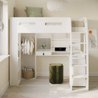 White loft bed with desk and closet in a room with a green ottoman.