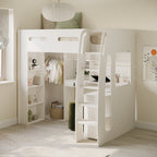 White loft bed with desk and shelves in a room with light wood flooring and white walls.