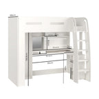 White loft bed with measurements on a white background