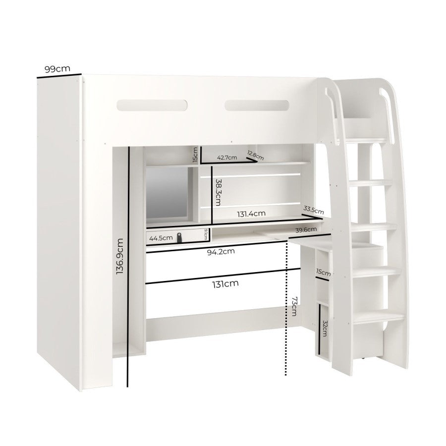White loft bed with measurements on a white background