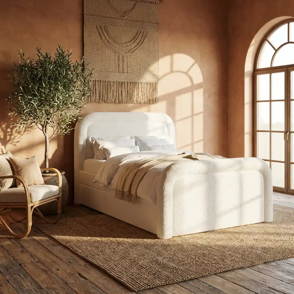 White upholstered bed in a cozy bedroom with wooden floor and decorative elements.