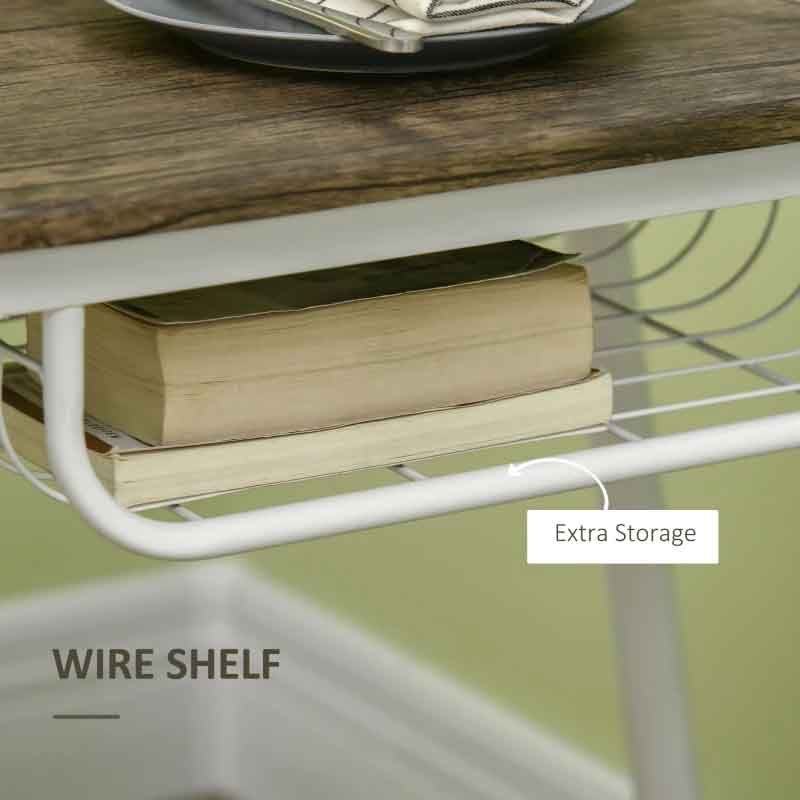 Wire shelf under a wooden table with books and labeled 'Extra Storage'.