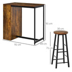 Wooden bar table and stool with dimensions on a white background