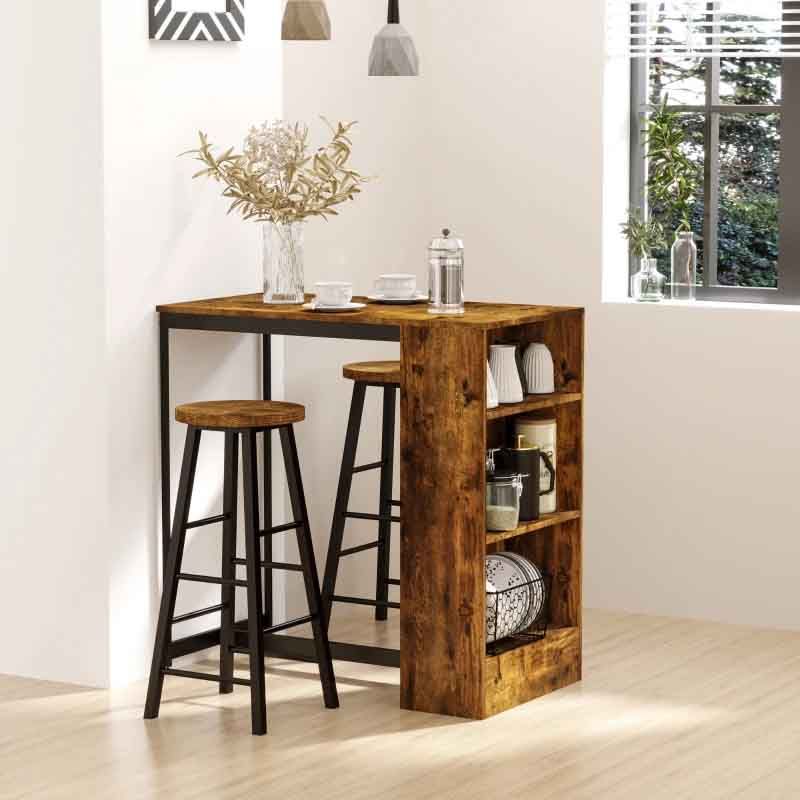 Wooden bar table with stools in a room with a window and decor.