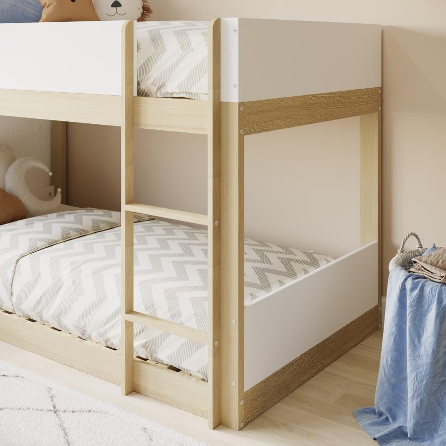 Wooden bunk bed with white mattress in a room setting