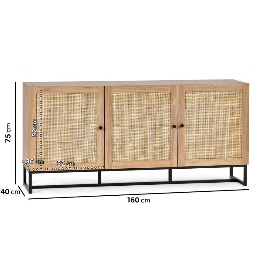 Wooden cabinet with rattan doors and dimensions on a white background