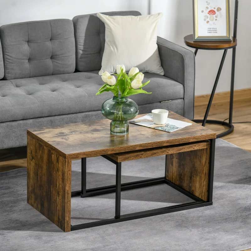 Wooden coffee table with a vase of flowers in a living room setting