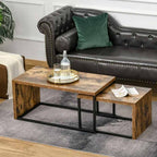 Wooden coffee table with decorative items in a living room setting.