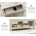 Wooden coffee table with hidden storage compartment and two partitioned lower shelves on a marble surface.