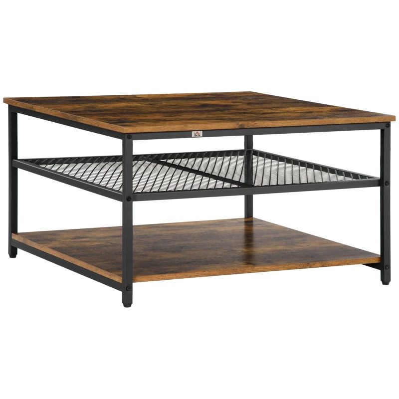 Wooden coffee table with metal mesh shelf on a white background
