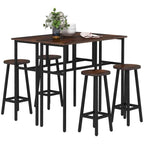 Wooden dining table with four matching stools on a white background