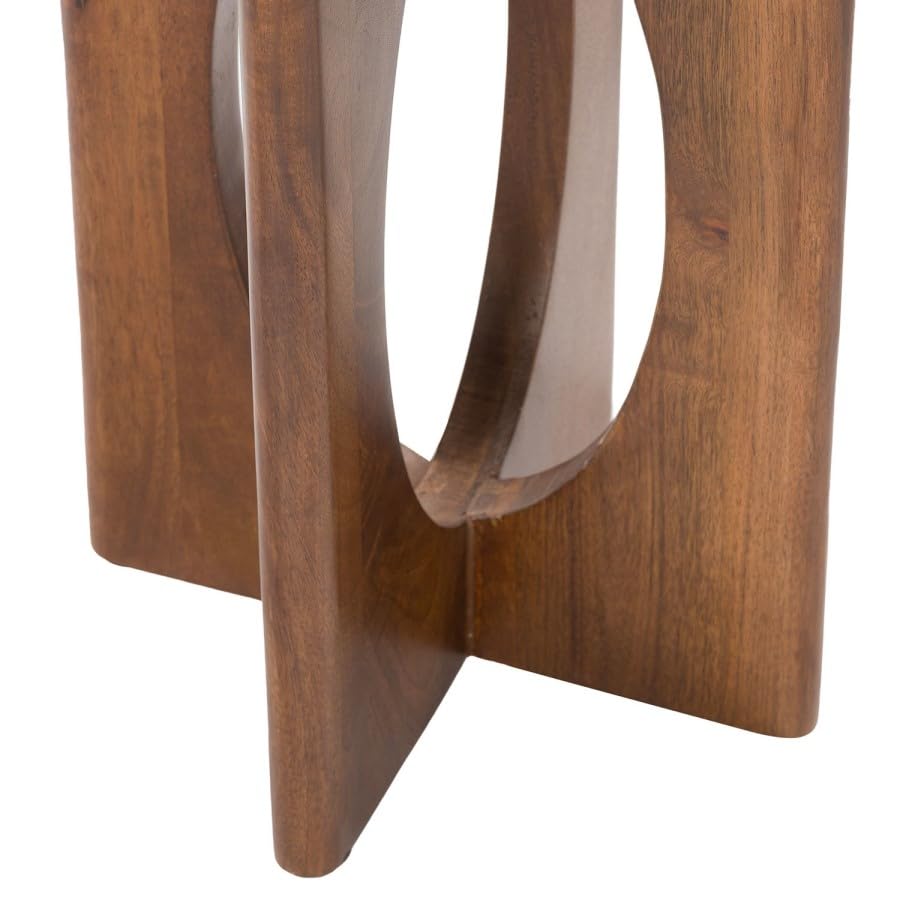 Wooden side table with a unique design on a white background