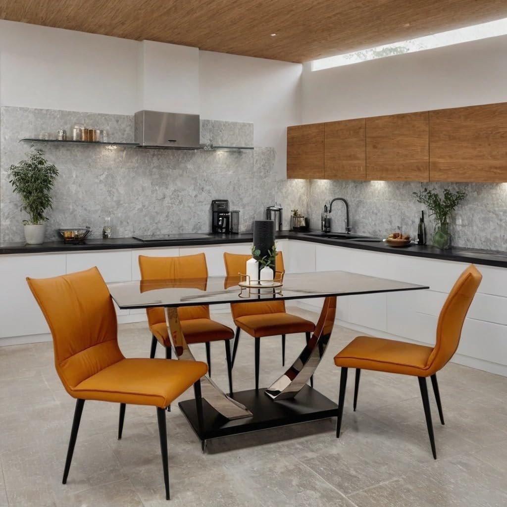 1.6m Dining Table and Chairs Set for 4 – Chrome Sintered Stone Table with 4 Flora Ruched Dining Chairs in Grey or Tan