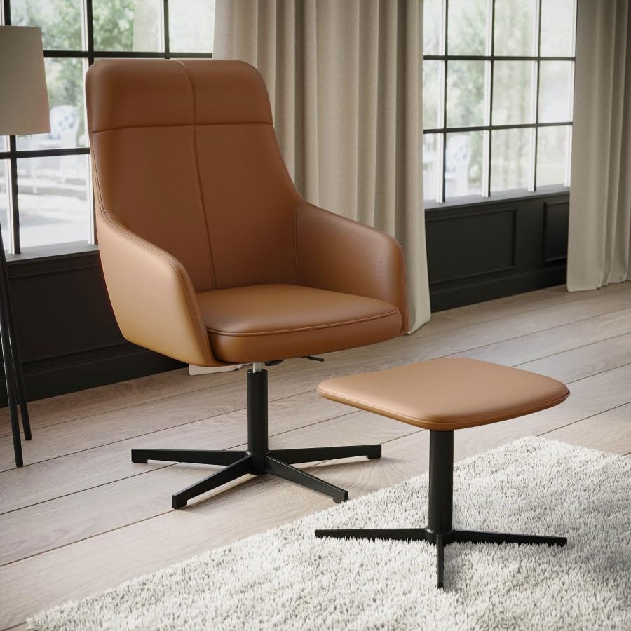 Luvon Mila Executive Swivel Reclining Office Chair – Faux Leather Accent Chair with Footstool – Tilt & 360° Rotation – Tan with Metal Base