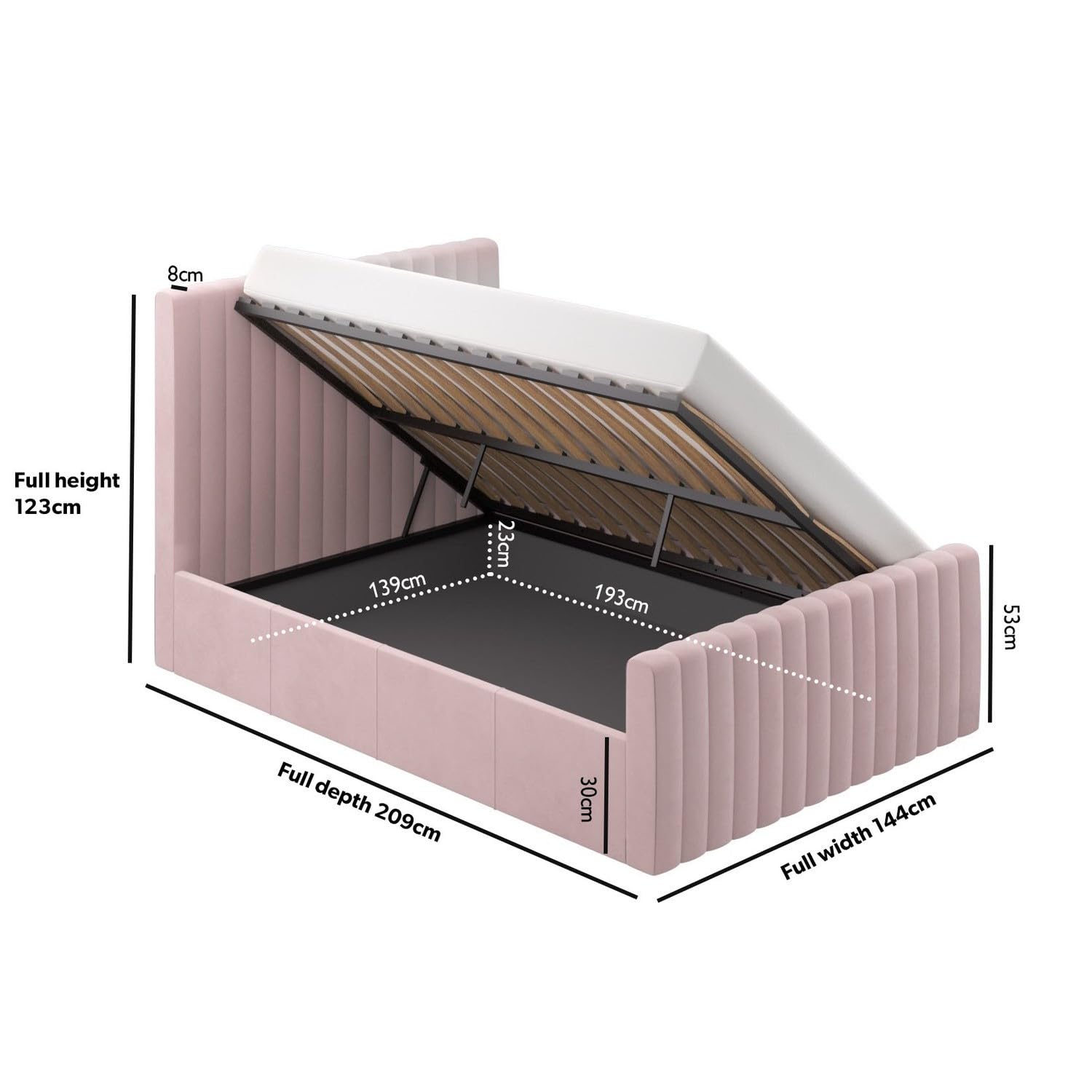 Velvet Ottoman Bed with Storage in Pink Grey or Beige Side Lift Gas Frame with Headboard Mattress Option Available for Double or Single Bedrooms