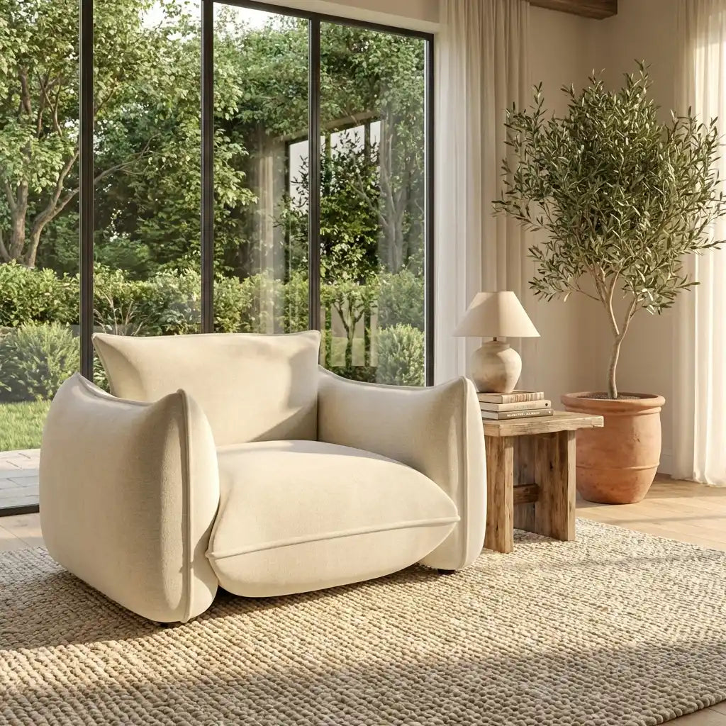 Beige armchair in a room with large windows, a wooden side table, and a potted plant.