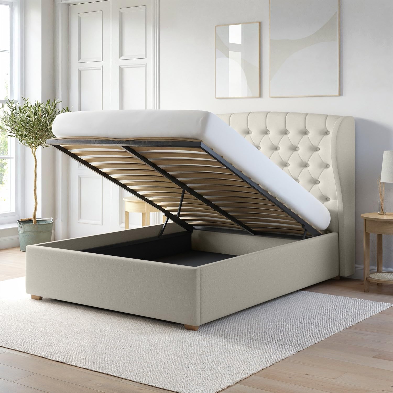 Safina Winged Ottoman Bed with Storage and Buttoned Headboard in Velvet or Fabric Mattress Option Available