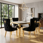 Luvon Milan Cream Marble Dining Table with Gold Frame & Lion Knocker Velvet Chairs
