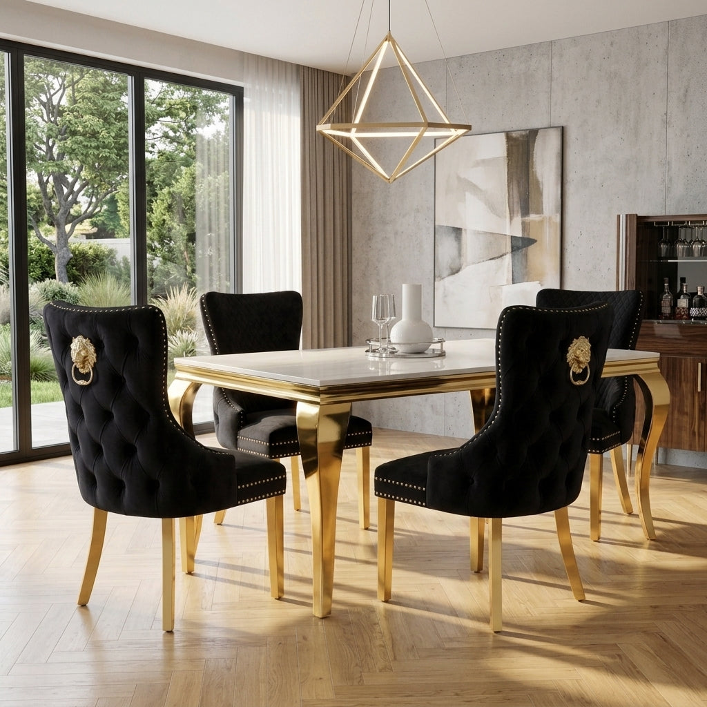 Luvon Milan Cream Marble Dining Table with Gold Frame & Lion Knocker Velvet Chairs