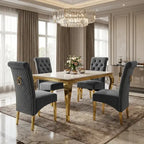 Luvon Emma Cream Marble Dining Table with Gold Frame & Grey Velvet Ring Knocker Chairs