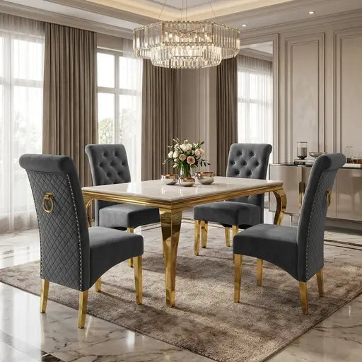 Luvon Emma Cream Marble Dining Table with Gold Frame & Grey Velvet Ring Knocker Chairs